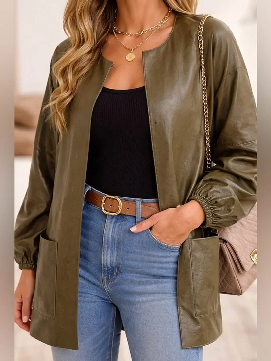 Olive Faux Leather Jacket Women M/L Open Front Lightweight Chic Rare by p. Cill - Picture 1 of 10